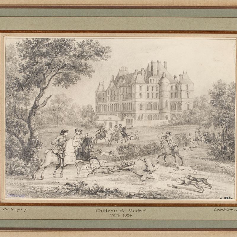 Le château de Madrid vers 1824, scène de chasse à la cour.