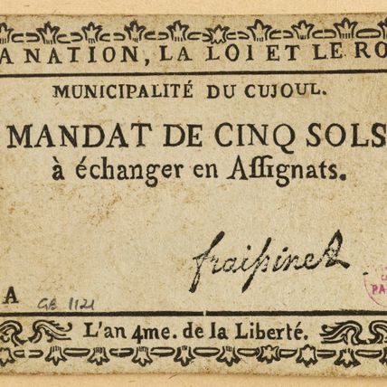 Mandat de 5 sols, municipalité du Cujoul, A, an 4eme de la Liberté