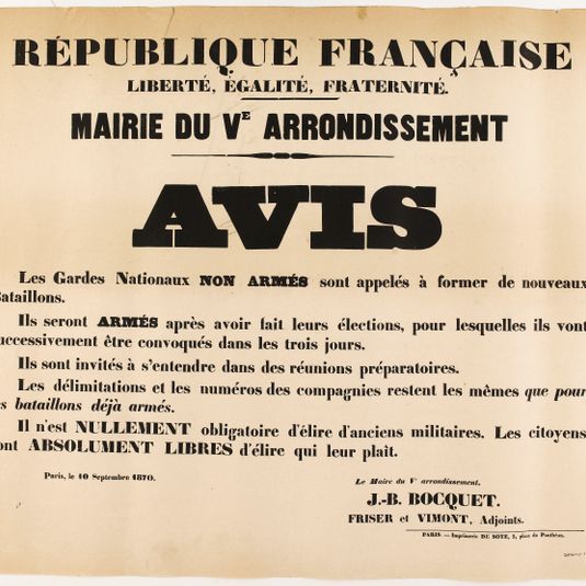 REPUBLIQUE FRANCAISE/ LIBERTE, EGALITE, FRATERNITE./ MAIRIE DU V E ARRONDISSEMENT/ AVIS/ Les Gardes Nationaux NON ARMES sont appelés à former de nouveaux/ Bataillons.