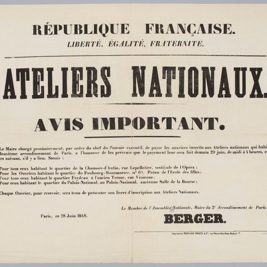 REPUBLIQUE FRANCAISE./ LIBERTE, EGALITE, FRATERNITE./ ATELIERS NATIONAUX./ AVIS IMPORTANT.