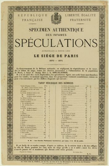 Spécimen authentique / des infâmes / spéculations / auxquelles a donné lieu / le siége de Paris / 1870-1871
