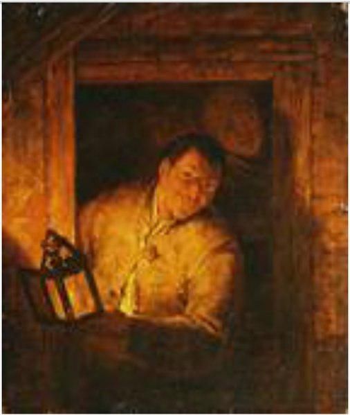 A Man Holding a Lantern in a Window