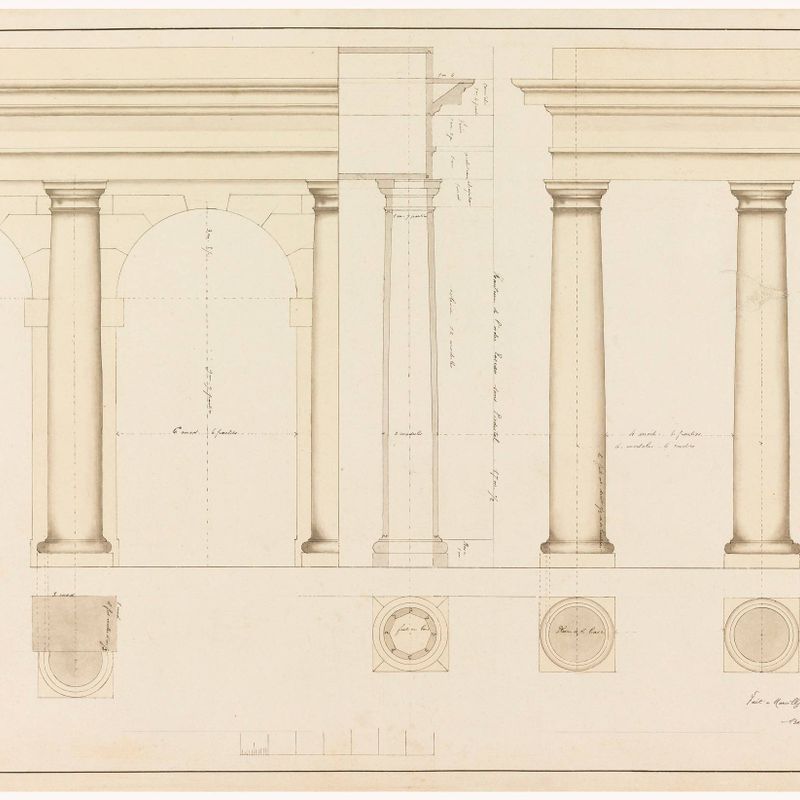 Elevation of Section of a Wall with Columns and Arch at Left