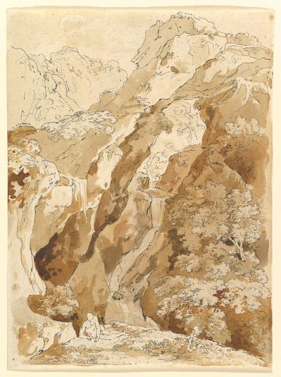 Reclining Man in a Mountainous Landscape with Waterfalls