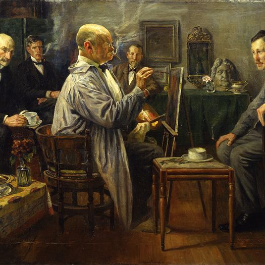 Maleren Zahrtmann i sit atelier i Amaliegade omgivet af sine elever