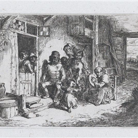 Plate 10: two figures dancing, another seated playing an drum, from the series of customs and pastimes of the Spanish people