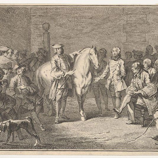 Standing men presenting a horse before a group of seated men