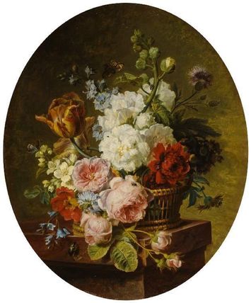 Open wicker basket of mixed flowers, including tulip, roses, hareball, hollyhock, poppy, larkspur and auricula on a marble ledge