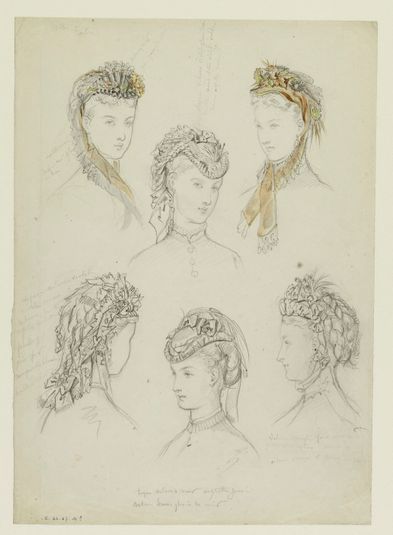 6 têtes féminines avec coiffes de dentelle, rubans, plumes et fleurs, Fonds d’archives graphiques de Maurice Leloir