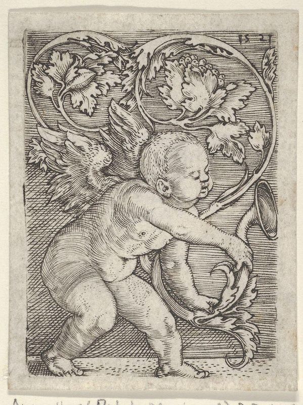 Vertical Panel with Cupid Holding the End of a Plant Sprouting Tendrils