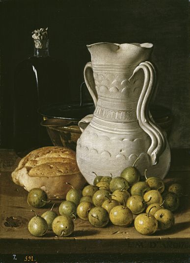 Still Life with Small Pears Bread Flask Bowl and Dry Leaves