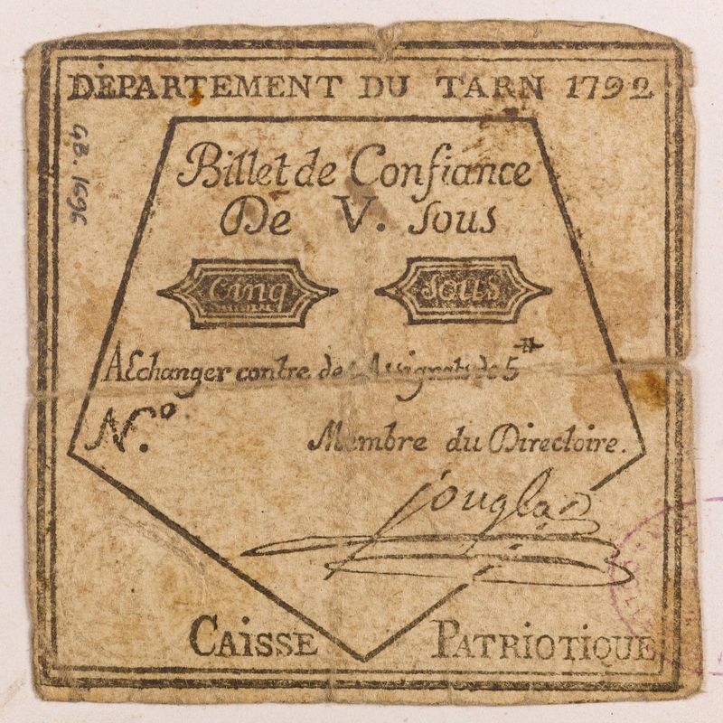 Billet de confiance de 5 sous, département du Tarn, 1792