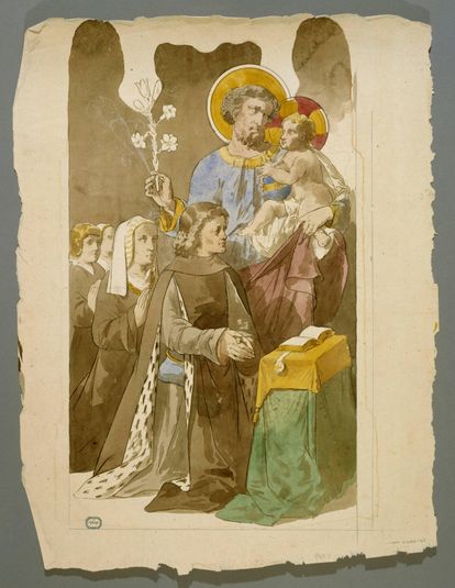 Projet pour un panneau de vitrail  religieux : Saint-Joseph et l'Enfant Jésus parmi une famille en prière