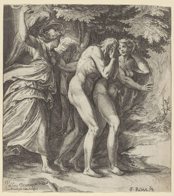 The Expulsion from Paradise with an Angel wielding a sword behind Adam and Eve