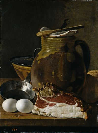 Bodegón con jamón huevos y recipientes