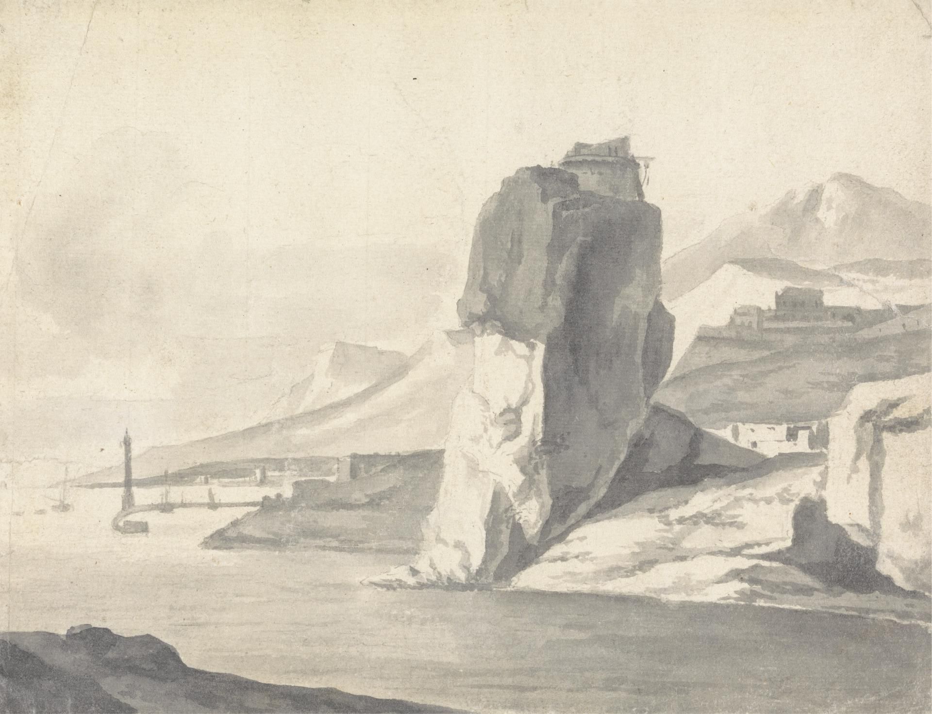 A Coastal Scene (Italian) with Breakwater, High Cliffs and a Fort