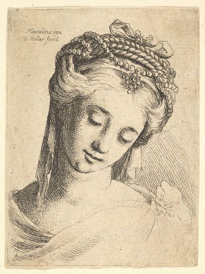 Bust of a young woman with elaborate headdress, looking down.