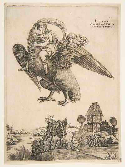 Ganymede as a young boy riding a large eagle (Zeus) in flight above a landscape