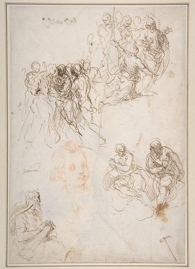 Figure Studies: The Arrest of Christ?, Christ and the Canaanite Woman, Seated Male Figures, and Head of a Child (recto); Studies of an Arm, and of the Heads of an Old Man and Young Woman (verso)