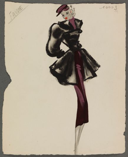 Manteau noir cintré à manches amples sur robe violette, 1938, Fonds d'arts graphiques de la maison Max Fourrures