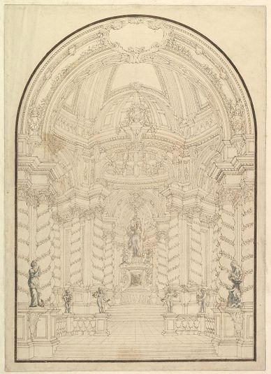 A Chapel with Figures of Statues en Grisaille of Faith, Hope and Charity and 4 Putti with Symbols of the Passion.