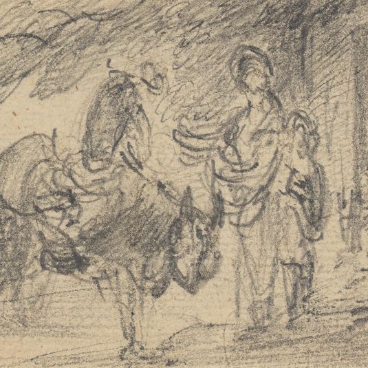 Figures and horses near a doorway