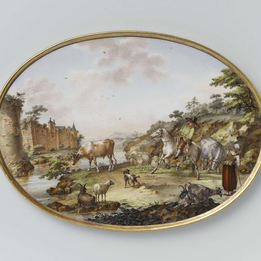 Twee ovale platen met figuren en vee in een rivierlandschap
