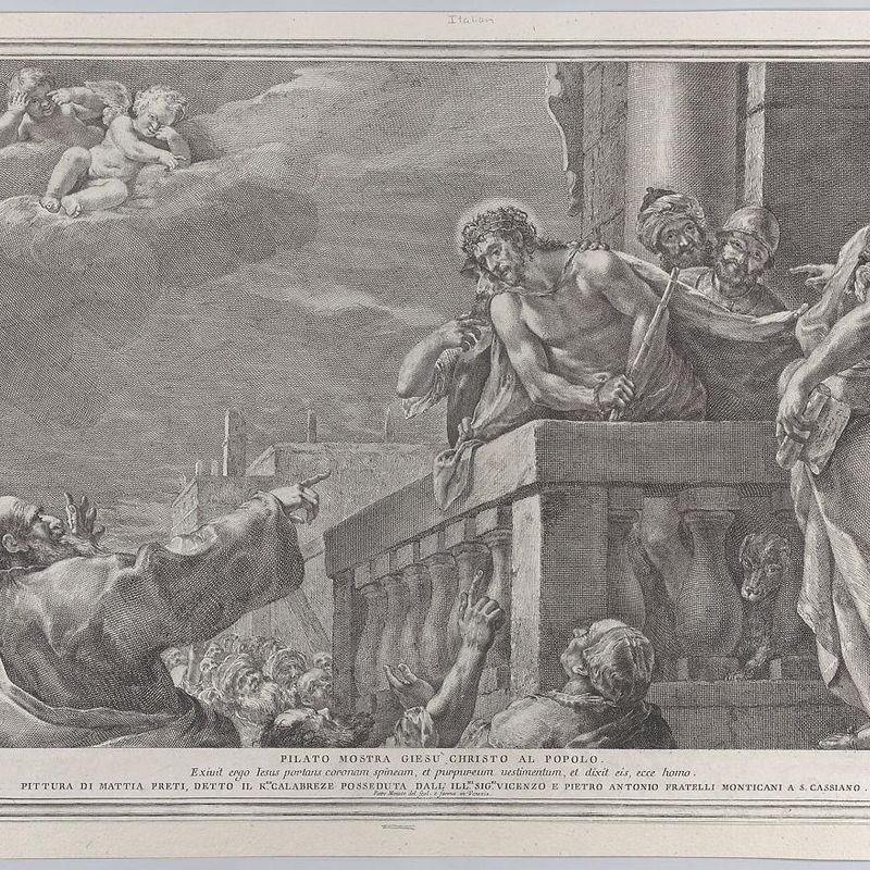 Christ on a balcony surrounded by guards, Pilate stands to the right gesturing toward him; from the series of 112 prints of the sacred history, after the painting by Mattia Preti