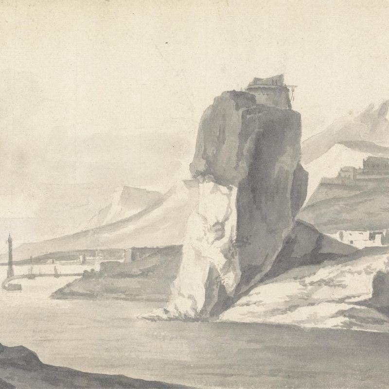 A Coastal Scene (Italian) with Breakwater, High Cliffs and a Fort