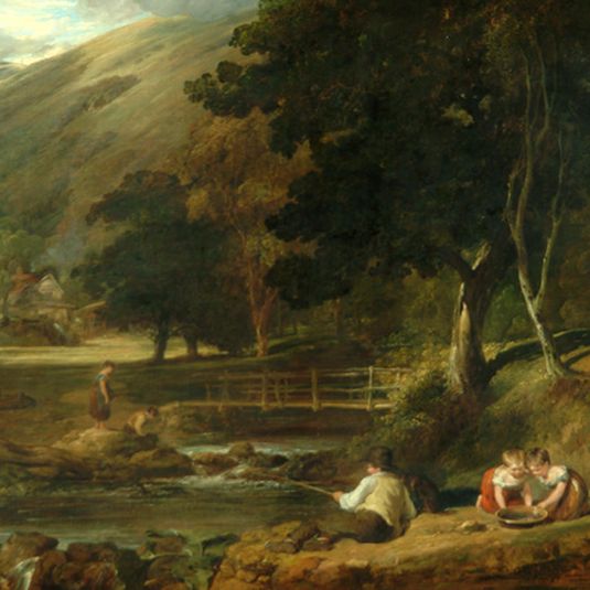 Borrowdale, Cumberland, with Children Playing by the Banks of a Brook