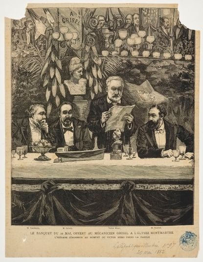 Le banquet du 10 mai, offert au mécanicien Grisel à l'Elysée Montmartre. L'estrade d'honneur au moment où Victor Hugo prend la parole.