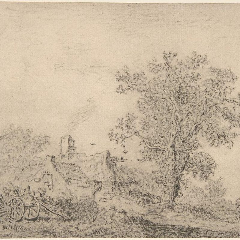 Landscape with cottages and a figure by a cart