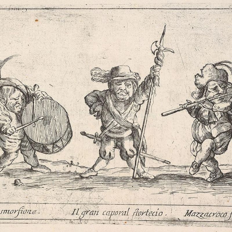 Callot figures; a dwarf man playing the drum at left, a beefeater in center, a flute player to right,'Six grotesques' (Six pièces de figures grotesques)