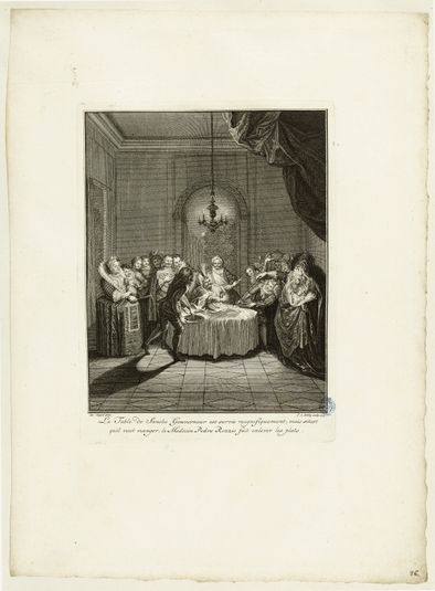 Histoire de Don Quichotte d'après Charles Antoine Coypel, La table de Sancho gouverneur est servie (Vingt-sixième numéro d'une suite de 31 pièces)