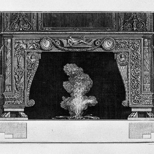Fireplace: two medals in the frieze of garlanded a figure lying on a bed