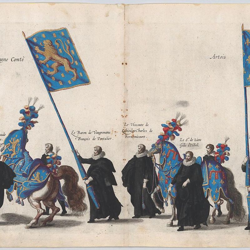 Plate 64: The magistrates of the city of Brussels marching in the funeral procession of Archduke Albert of Austria; from 'Pompa Funebris ... Alberti Pii'
