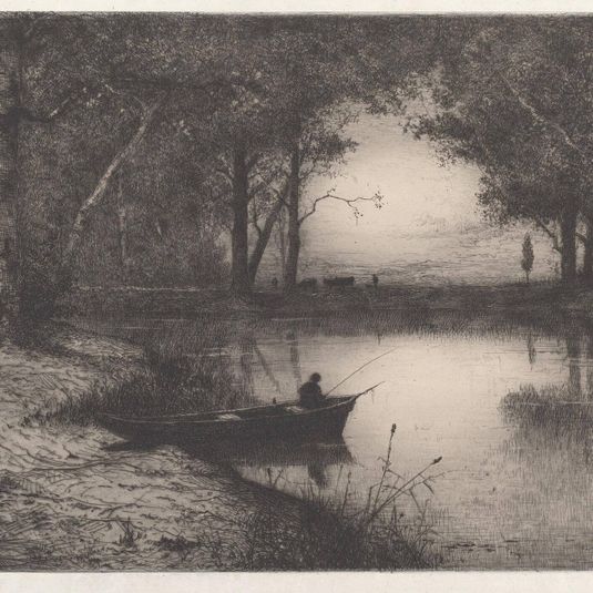 A Fisherman in a Wooded Pond at Evening