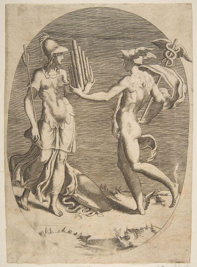 Mercury presenting a panpipe to Minerva who stands at left, an oval composition