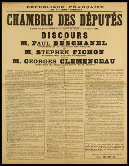 REPUBLIQUE FRANCAISE/ LIBERTE - EGALITE - FRATERNITE/ CHAMBRE DES DEPUTES/ Extrait du procès-verbal de la séance du Mardi 5 Novembre 1918./ DISCOURS/ DE/ M. PAUL DESCHANEL/ Président de la Chambre des Députés/ DE M. STEPHEN PICHON/ Ministre des...