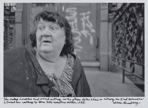 She looked homeless and vivid sitting on the steps of the clinic or Library on 2'nd Avenue as I passed her walking to Gem Spa sometime October 1984.