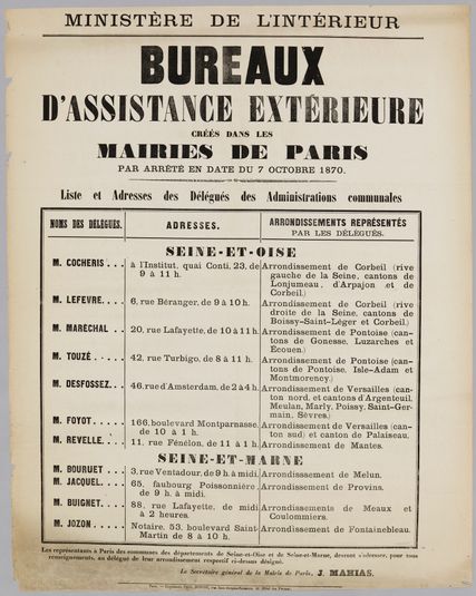 MINISTERE DE L'INTERIEUR/ BUREAUX/ D'ASSISTANCE EXTERIEURE/ CREES DANS LES/ MAIRIES DE PARIS/ PAR ARRÊTE EN DATE DU 7 OCTOBRE 1870.