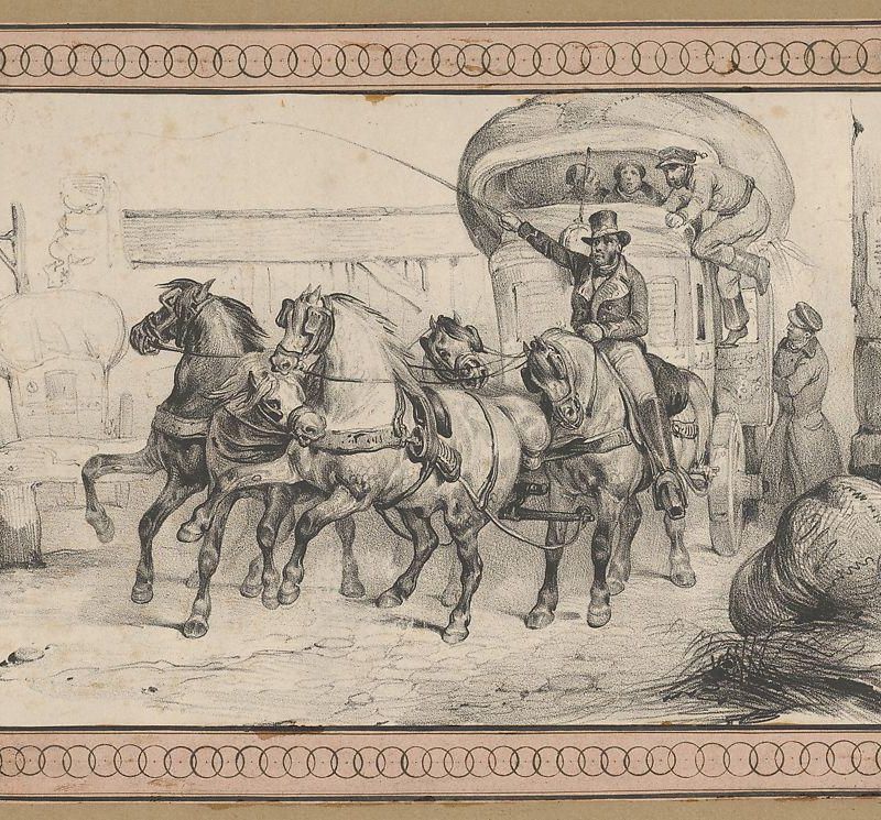 Five horses pulling a carriage with passengers