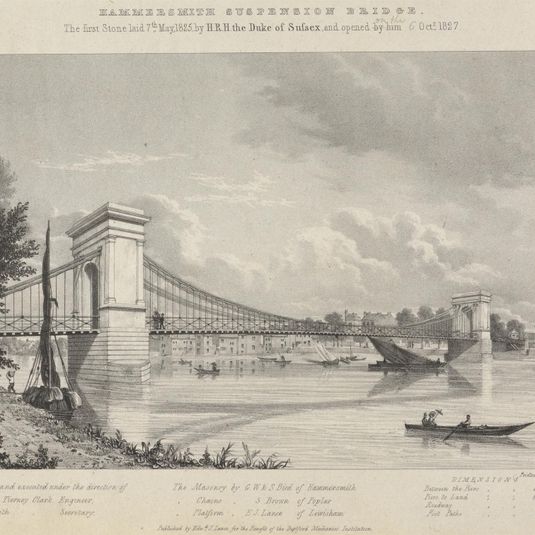 Hammersmith Suspension Bridge, The first Stone laid 7th May, 1825 by H.R.H. the Duke of Sussex, and opened [by him], [ ] Oct. 1827