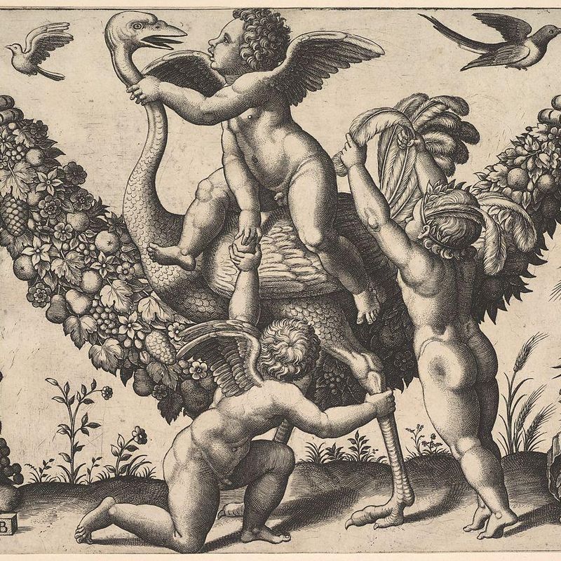 Three putti before a large garland, the one in the middle rides an ostrich, from a series of tapestries made for Leo X