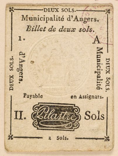 Billet de 2 sols, Municipalité d'Angers