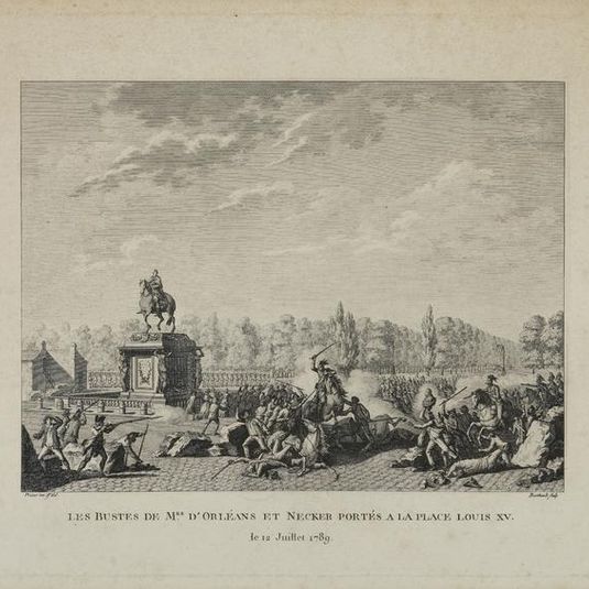 Les Bustes de Mrs. d'Orléans et Necker portés à la place Louis XV. Le 12 Juillet 1789.