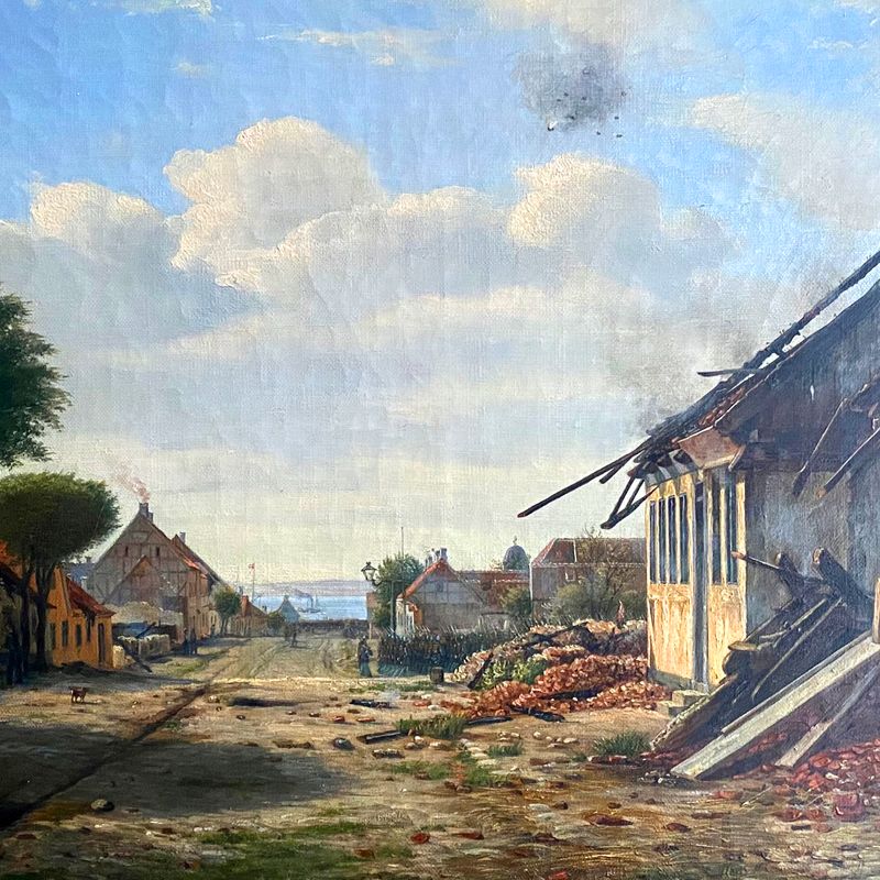 ”Parti af Vendersgade i Fredericia under bombardementet 1849.”