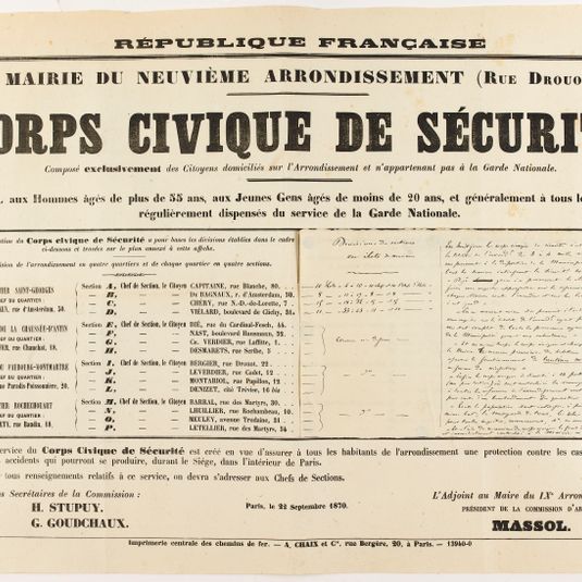 REPUBLIQUE FRANCAISE/ MAIRIE DU NEUVIEME ARRONDISSEMENT/ (RUE DROUOT)/ CORPS CIVIQUE DE SECURITE