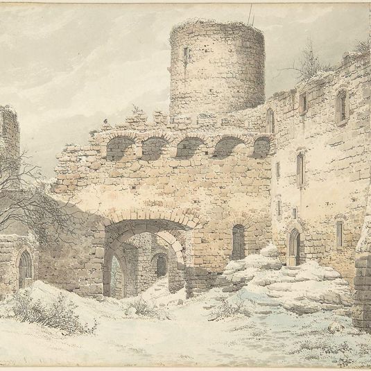 Winter View of the Courtyard of a Medieval Castle in Ruins