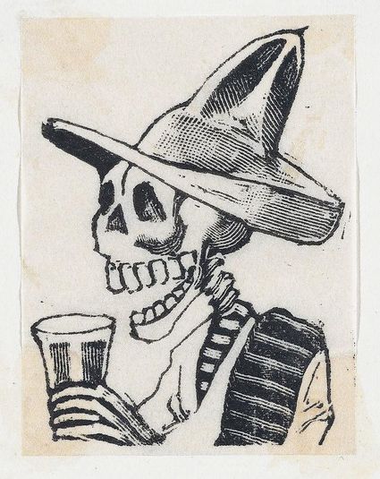 A skeleton wearing a hat having a drink (vignette for the feast of the dead)